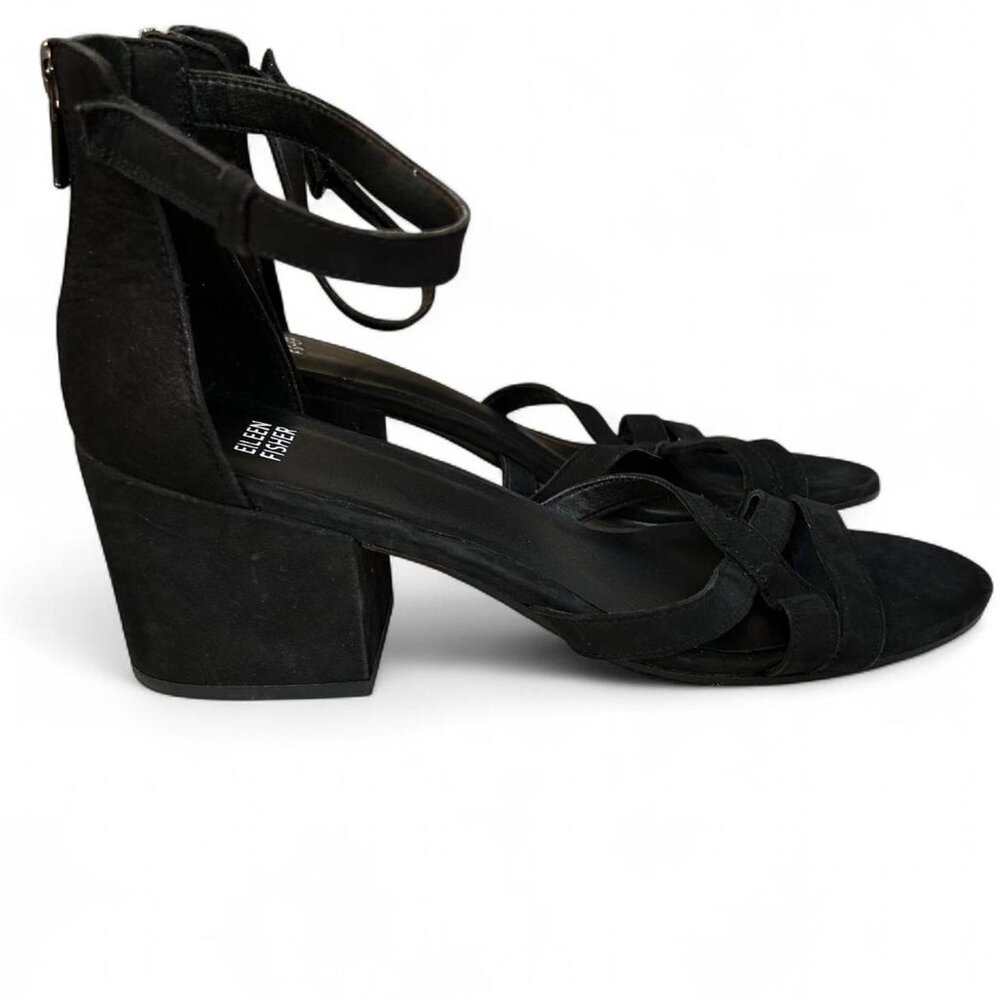 Eileen Fisher Jazzy Black Suede Block Heel Sandals – Women’s Size 10
